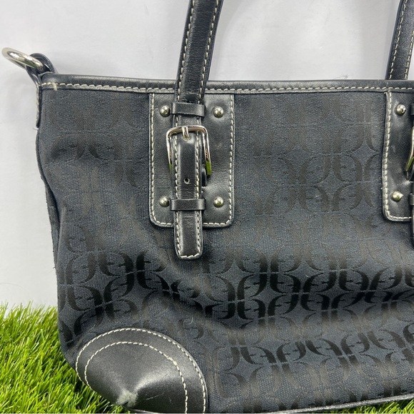 Fossil Black Leather Monogrammed Fabric Canvas Small Tote Satchel Handbag Purse - Picture 2 of 14